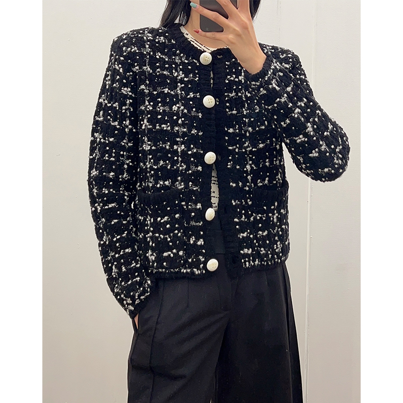 NMORE设计师品牌 黑白格箱型针织开衫