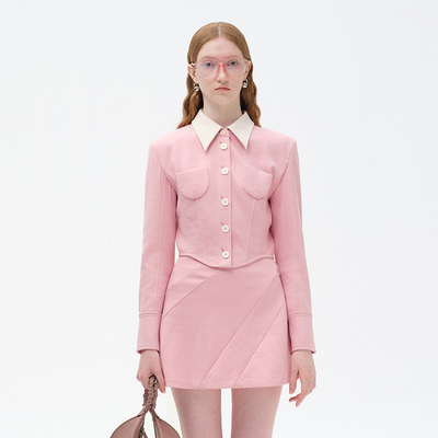 NMORE设计师品牌 沙丘粉撞色尖领U形兜短外套