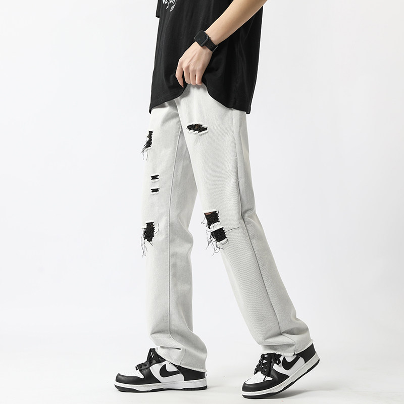 现货~2023夏季新款高街破洞白色牛仔裤男潮牌NK808-P55_控78,男装牛仔裤,星座1102-1