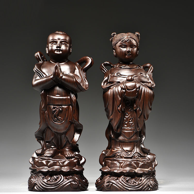 黑檀实木雕刻金童玉女摆件善财童子龙女家居客厅供奉佛像结婚送礼