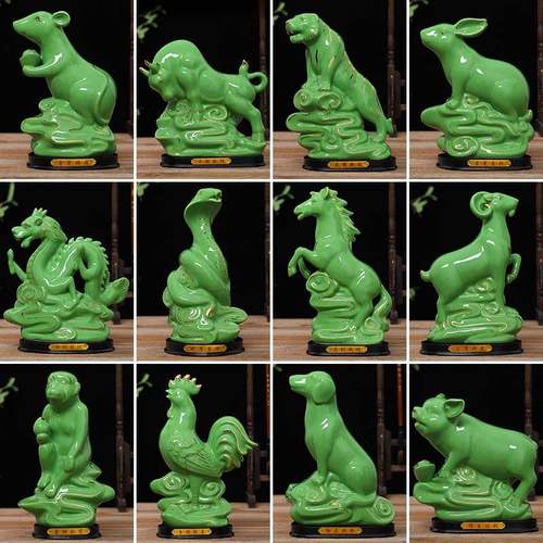 陶瓷绿色十二生肖摆件鼠牛虎兔龙蛇马羊猴鸡狗猪招财镇宅风水摆件