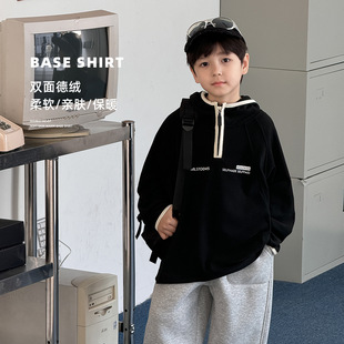 2024儿童冬季新款童装字母印花双面德绒连帽男童保暖打底衫内搭潮