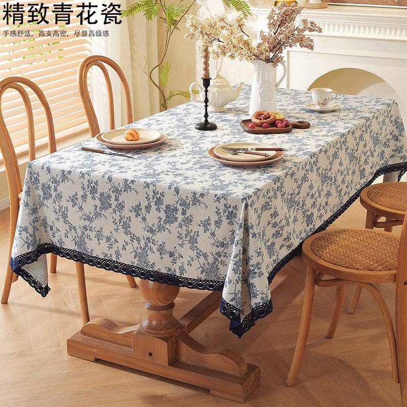 热卖蓝色玫瑰印花田园棉麻台布桌布家用盖巾蕾丝花边布艺,居家布艺,桌布,淘宝优惠券,粉丝福利购,淘宝优惠卷