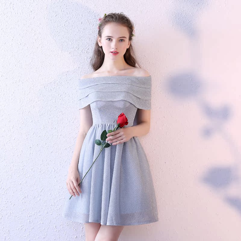 灰色晚礼服2017新款女宴会派对小礼服连衣裙秋季聚会伴娘服短款裙