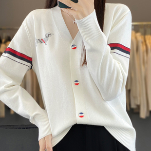 撞色针织开衫女秋冬百搭羊毛V领休闲短款长袖小狗时尚毛衣tb外套