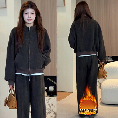 巨好看的两件套冬装韩系时尚休闲加绒加厚立领卫衣外套阔腿裤套装