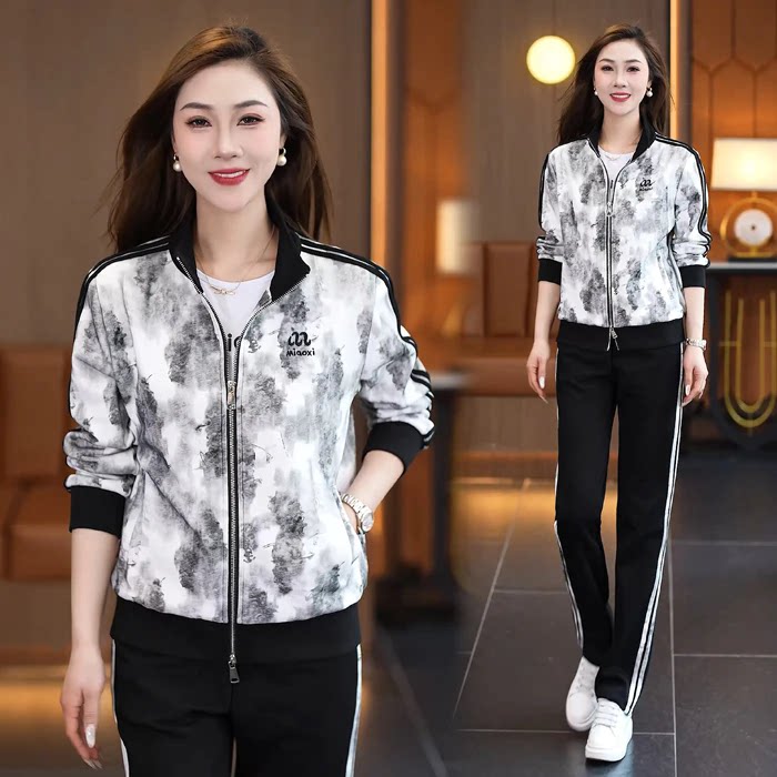 花色休闲运动服套装女春秋2025新款洋气中年妈妈外套跑步服两件套
