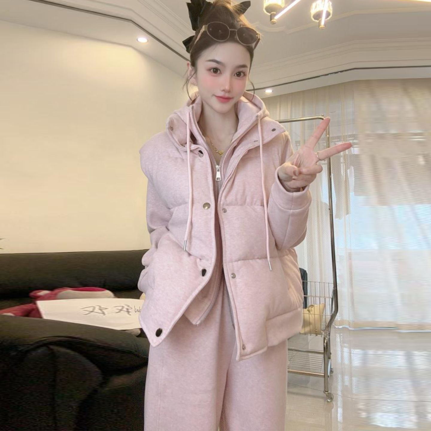 保暖休闲运动套装女春秋新款2025马甲长袖卫衣加绒加厚好看三件套