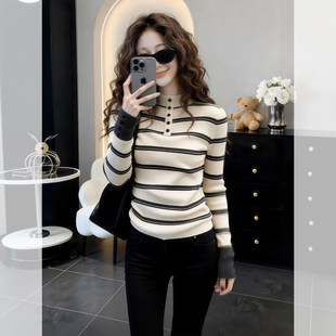撞色条纹钮扣半开衫高领修身长袖针织衫毛衣女冬季内搭打底衫上衣