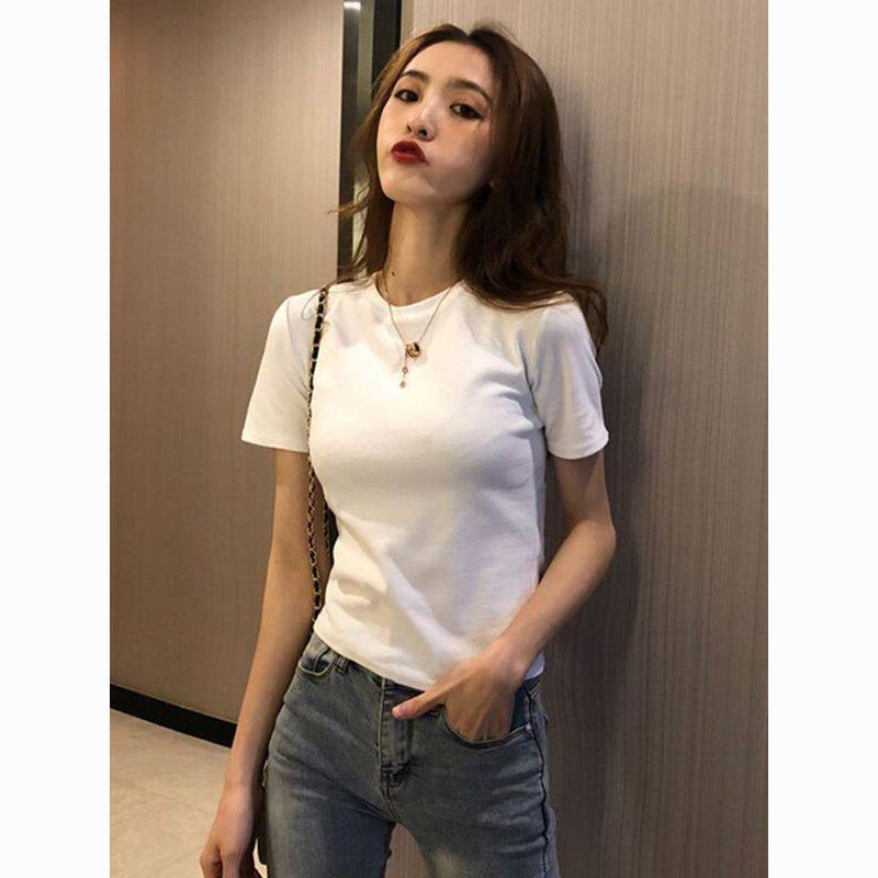 短袖t恤女春秋夏新款紧身圆领黑色体恤洋气正肩百搭纯色半袖上衣