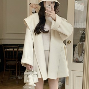 白色斗篷毛呢外套女秋冬连帽羊毛双面呢小个子系腰带双面羊绒大衣