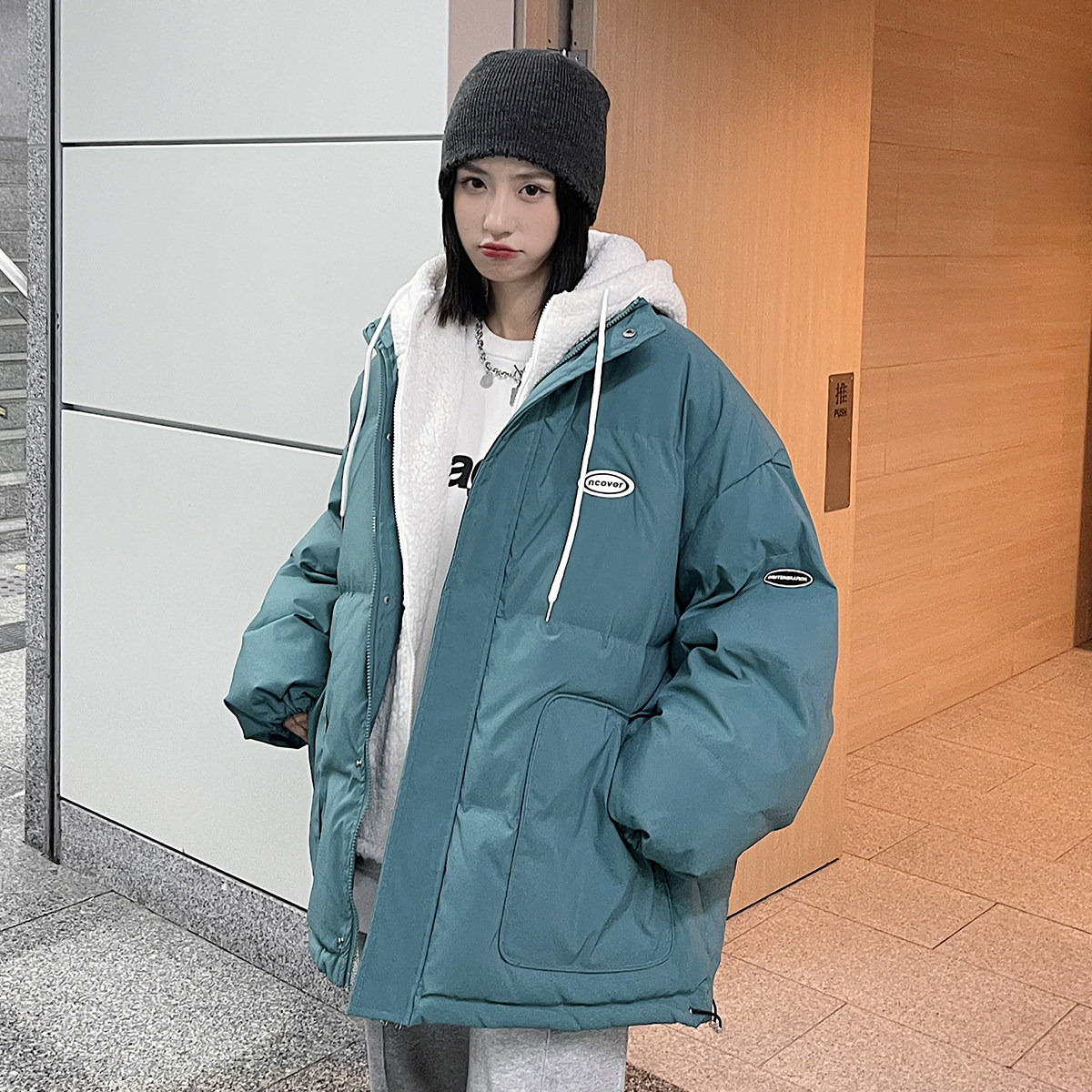 EY105冬季新款港风女ins加厚假两件羊羔毛衣服宽松外套P148,女装棉衣/棉服,电商C306-1