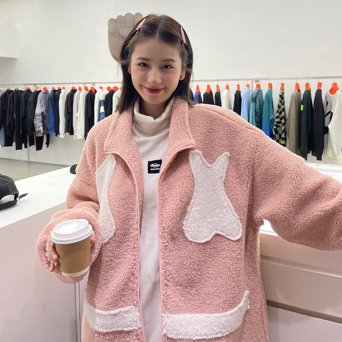 EY101冬季新款港风潮女炸街加厚羊羔毛笑脸刺绣衣服外套P105,女装棉衣/棉服,电商C306-1