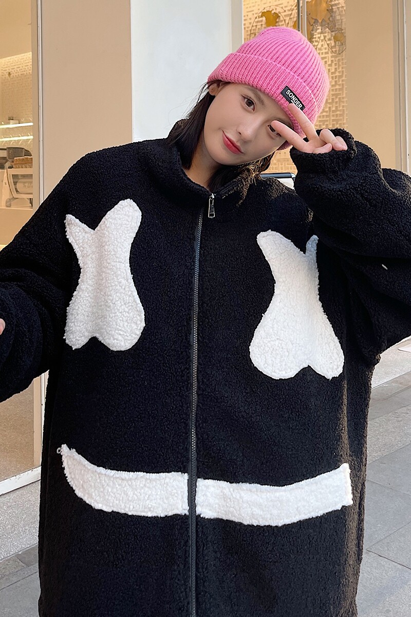 EY101冬季新款港风ins潮女加厚羊羔毛笑脸刺绣衣服外套P105,女装棉衣/棉服,电商C306-1