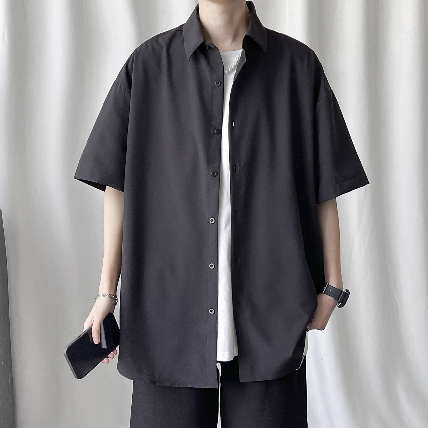 QT80日系大码！春夏衬衫短袖纯色宽松男潮ins港风五分袖半袖P20,男装衬衫,电商C306-1