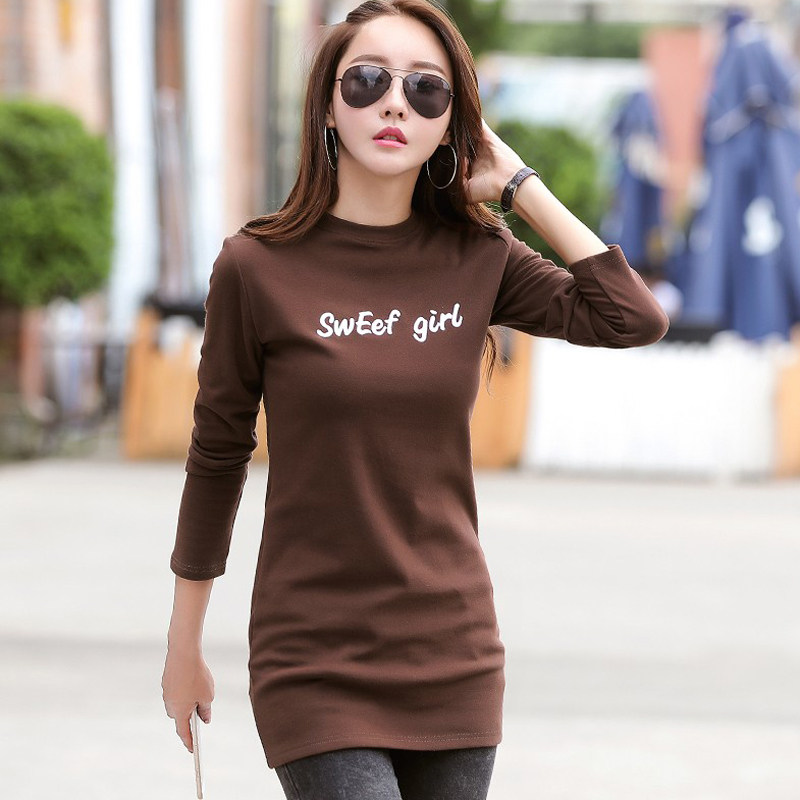 中长款洋气黑色加绒加厚打底衫女秋冬内搭修身长袖t恤女纯棉上衣