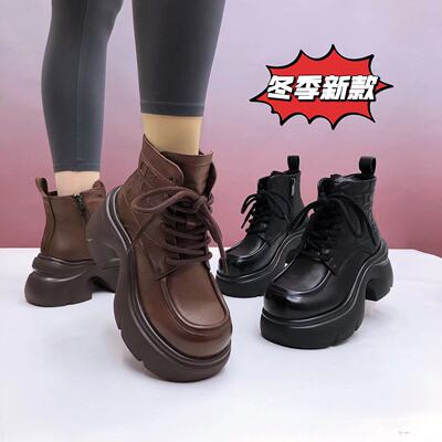 粗跟厚底圆头真皮马丁靴2025新款