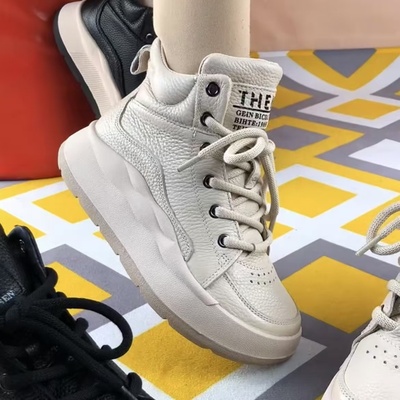 全牛皮厚底短靴真皮高帮休闲鞋子