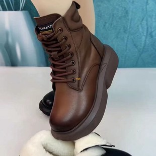 纯牛皮马丁靴女2025秋冬新款真皮复古圆头羊毛靴子女松糕厚底短靴