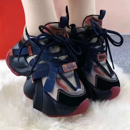 真皮老爹鞋女夏2025新款拼色网面透气松糕鞋增高厚底运动休闲鞋潮