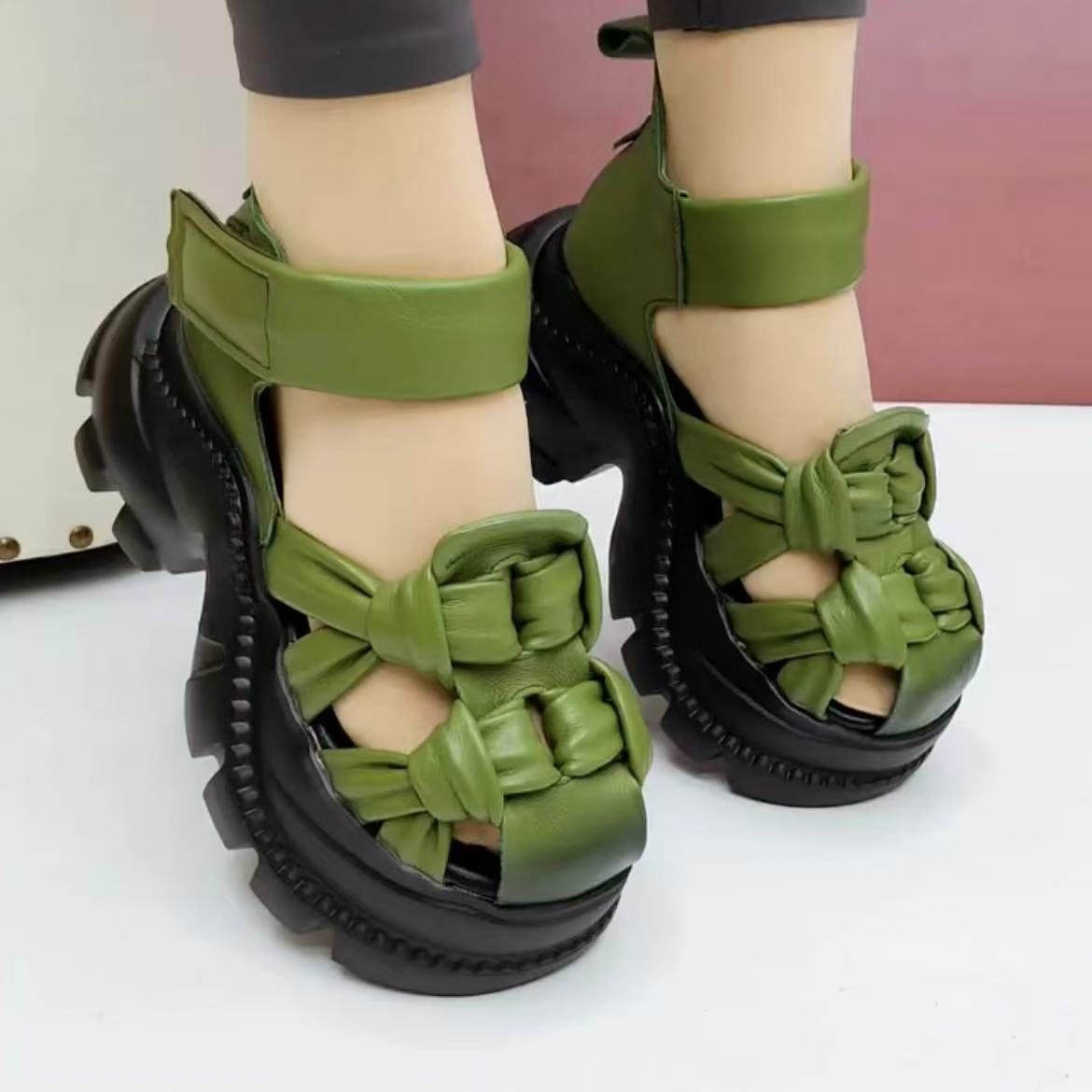 增高厚底夏季头层牛皮女凉鞋高跟
