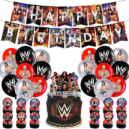 WWE儿童生日场景布置派对装饰摔跤运动拉旗蛋糕插牌气球螺旋吊饰
