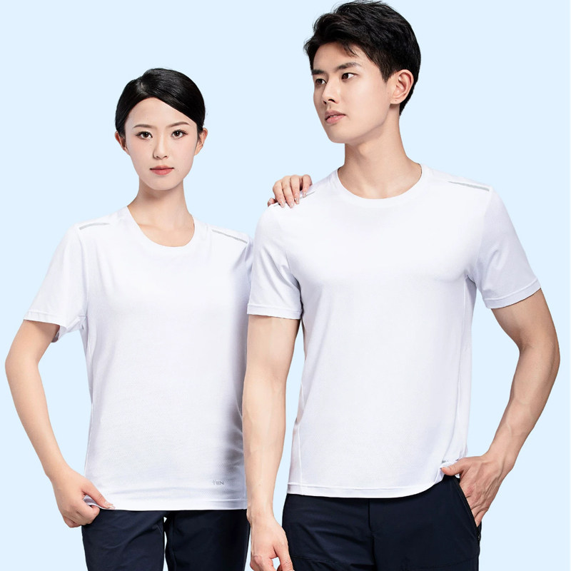 速干T恤工作服短袖男女情侣装夏季薄款运动休闲圆领上衣白色印绣