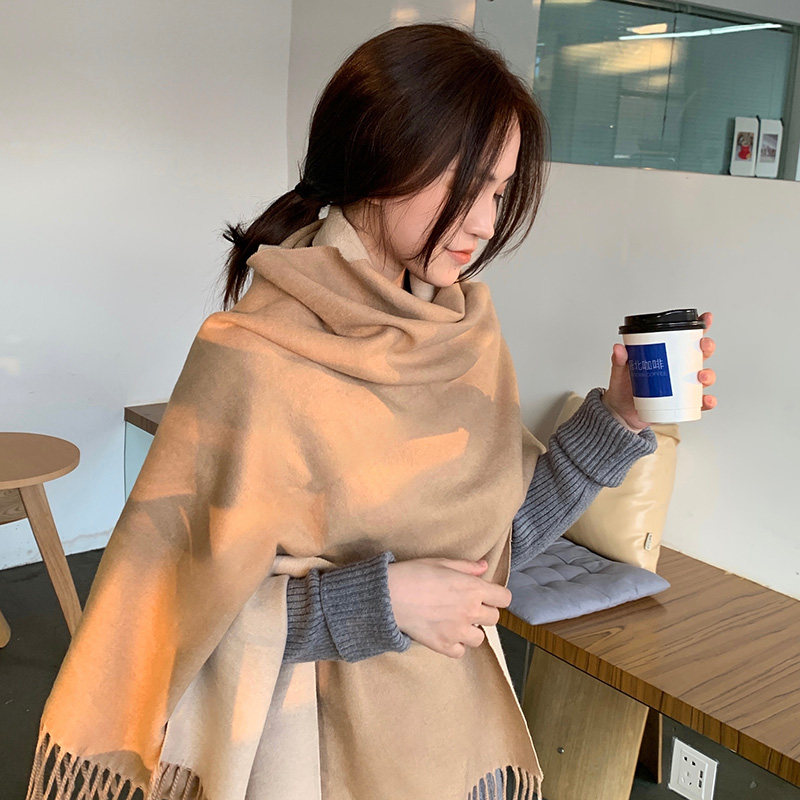 双面纯色流苏仿羊绒围巾女秋冬季保暖长款披肩两用韩版时尚围脖男