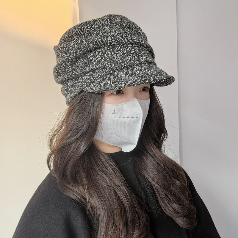 韩系褶皱优雅洋气鸭舌帽子女显脸小秋冬季保暖羊毛针织报童帽时尚