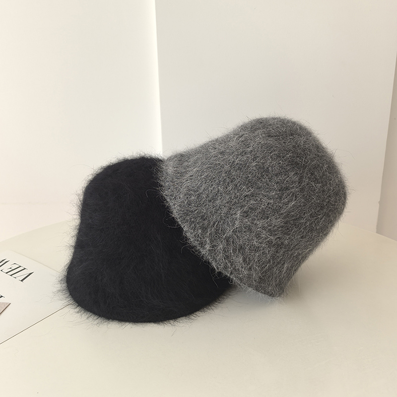 高级感安哥拉兔毛绒渔夫帽子女秋冬保暖显脸小盆帽韩版简约水桶帽