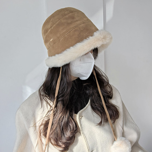 秋冬新款遮脸毛绒渔夫帽子女保暖防寒早八上班护耳盆帽百搭显脸小