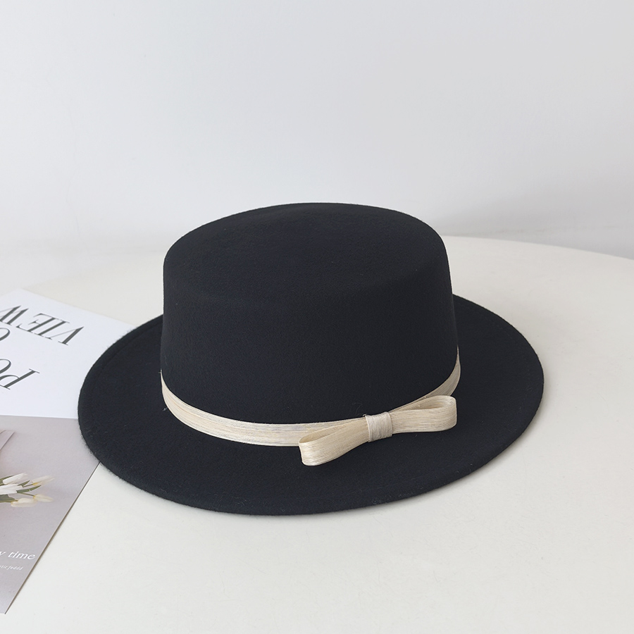 法式丝麻蝴蝶结平顶礼帽女秋冬季澳洲羊毛呢帽子平沿显脸小毡帽潮