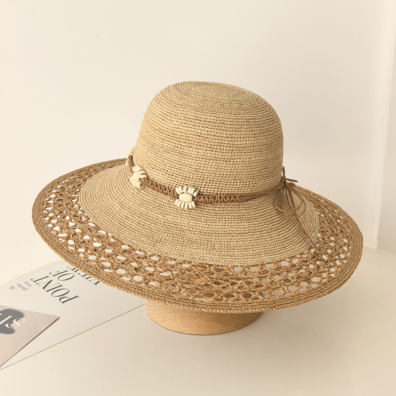 手工海边度假拉菲草大檐沙滩帽子女夏季镂空防晒草帽遮阳帽可折叠