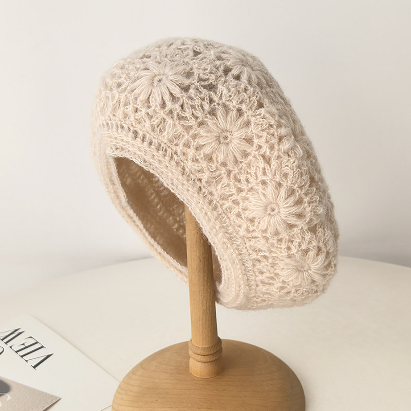 双层羊毛手工镂空花朵贝雷帽子女秋冬天保暖毛线针织帽文艺画家帽