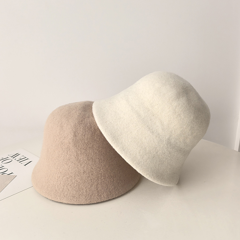 高品质简约加厚羊毛呢水桶帽女士秋冬显脸小盆帽纯色渔夫帽台灯帽