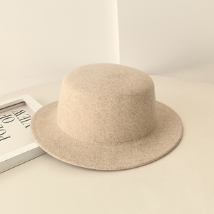 简约光身平顶羊毛呢礼帽女秋冬季百搭平檐英伦爵士帽子男法式毡帽