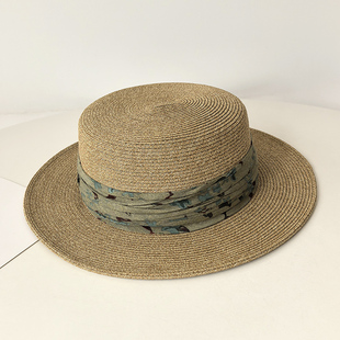 时尚 出游草编遮阳帽子百搭海边度假平檐沙滩草帽 平顶礼帽女士夏季