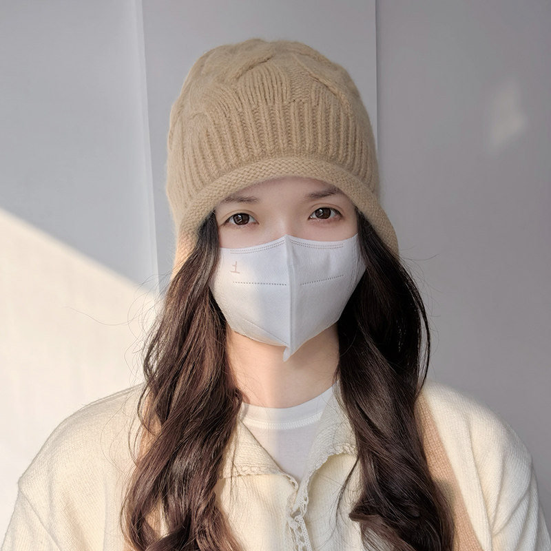 秋冬女士护耳保暖兔毛针织帽子女时髦麻花毛线帽百搭显脸小包头帽
