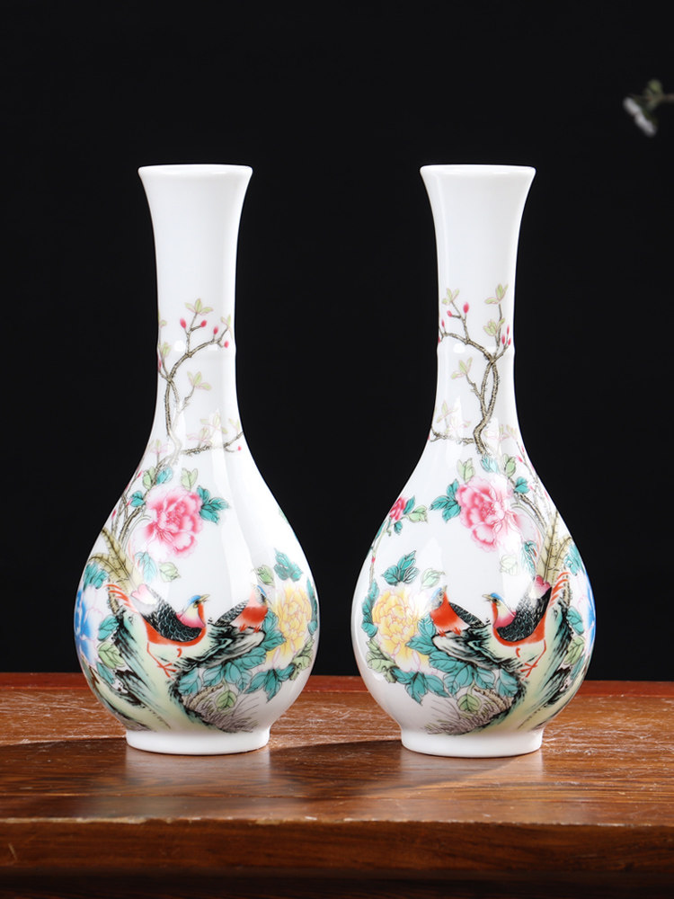 牡丹玉壶春对瓶景德镇陶瓷器花瓶中式客厅摆件插花干花家居装饰品