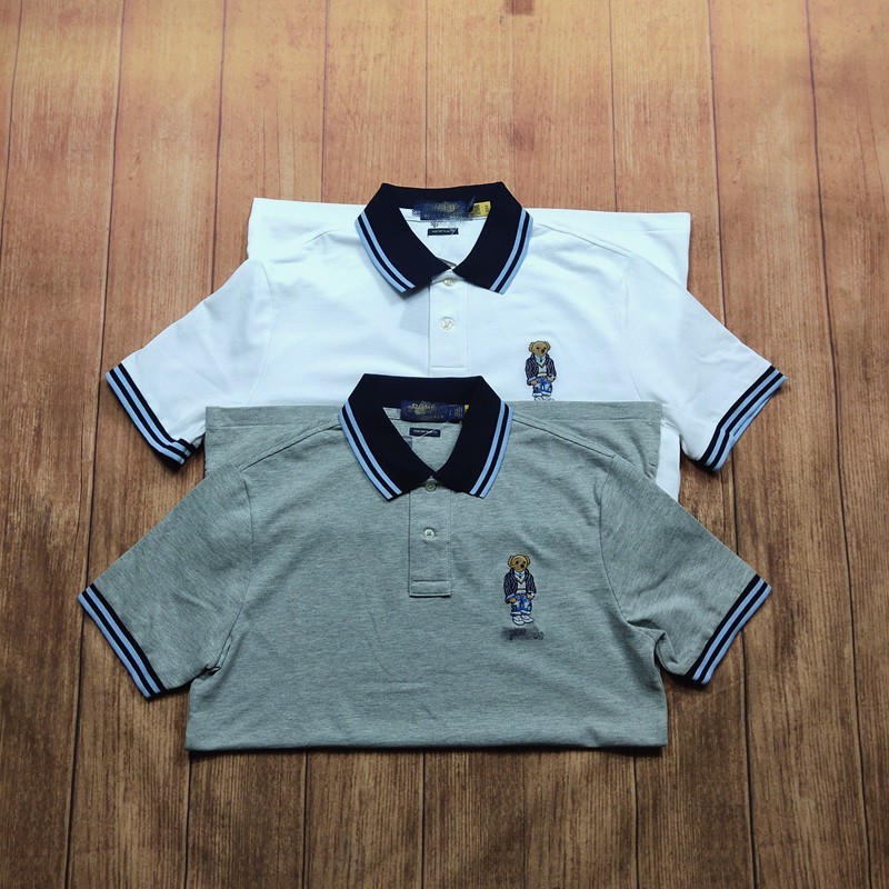男修身款小熊刺绣珠地棉翻领短袖POLO衫
