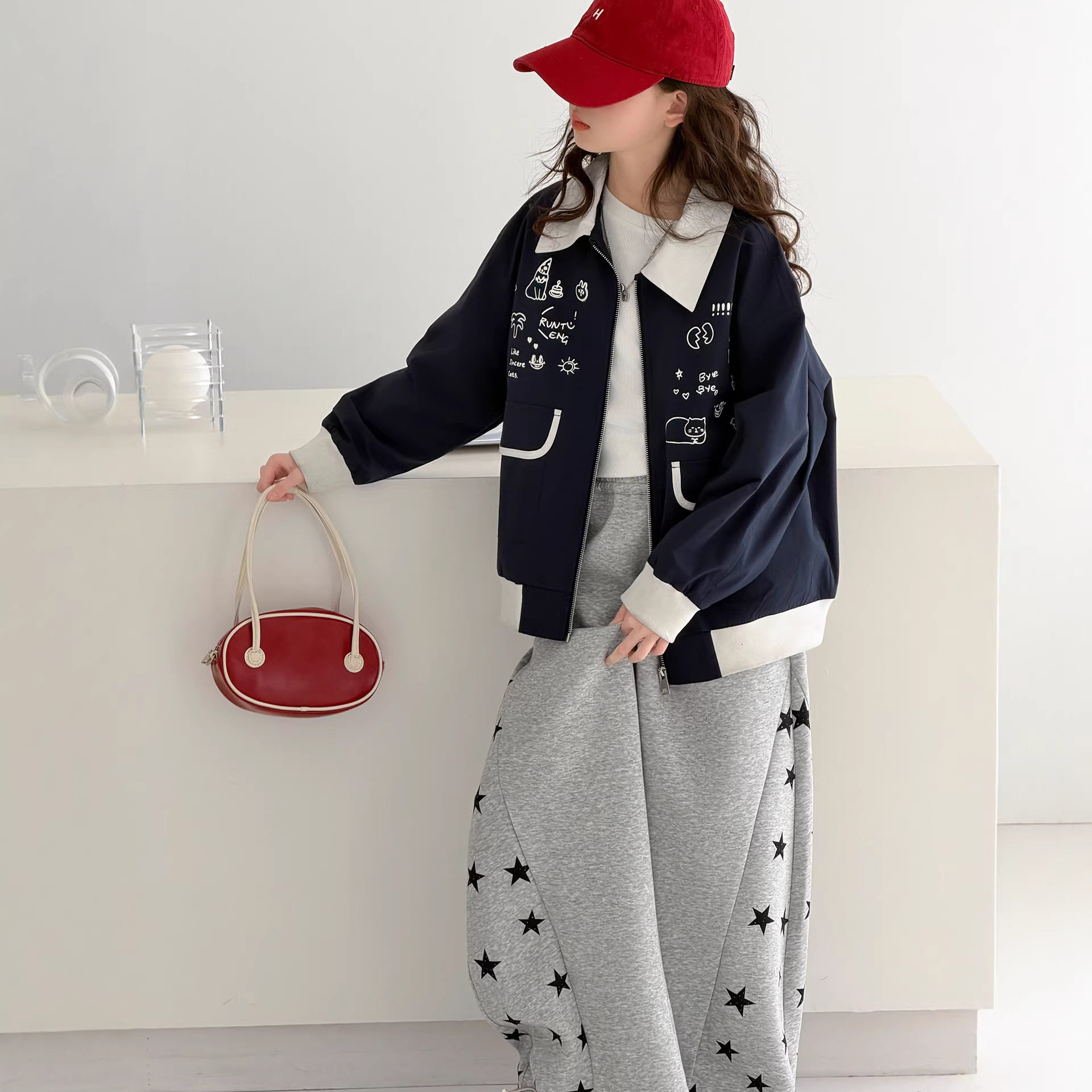 女大童春秋撞色拼接立领开衫外套2026新款学院派夹克初中生上衣潮