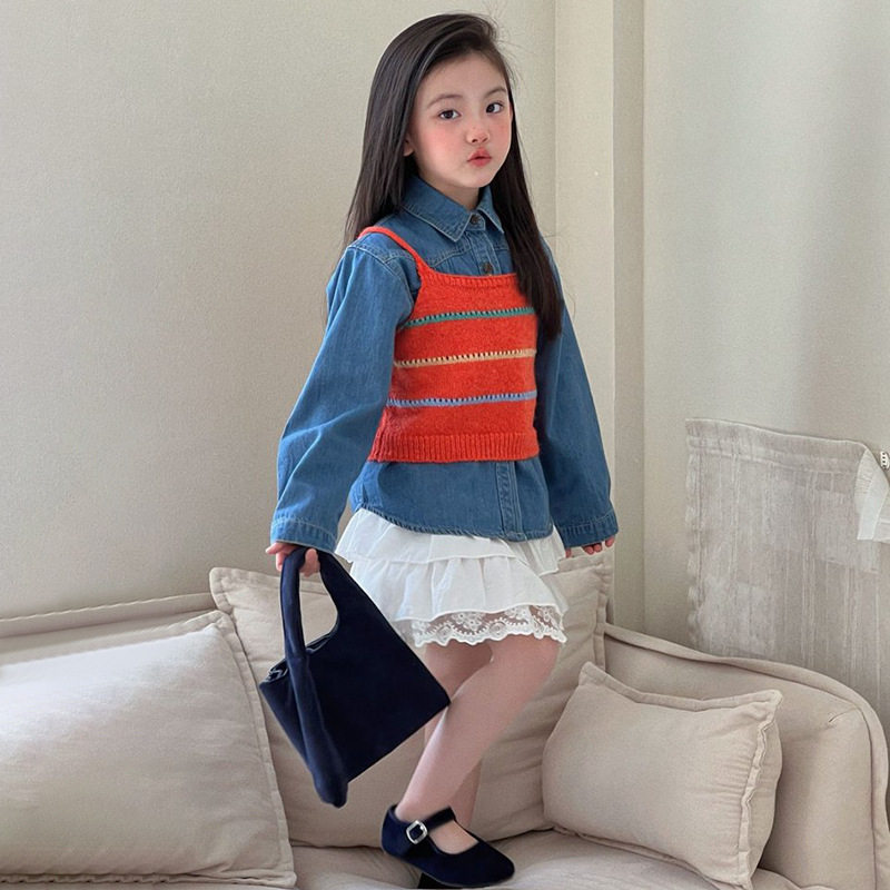 女童春秋季套装新款洋气小童韩版牛仔打底吊带毛衣半身裙三件套潮