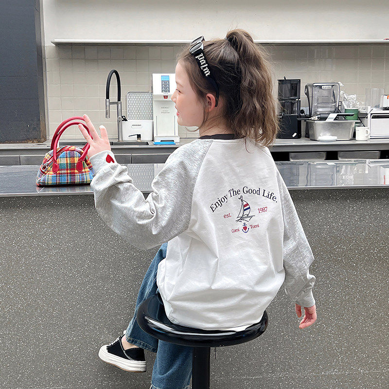 儿童撞色插肩袖t恤女童洋气长袖卫衣大童打底衫2026春秋装新款