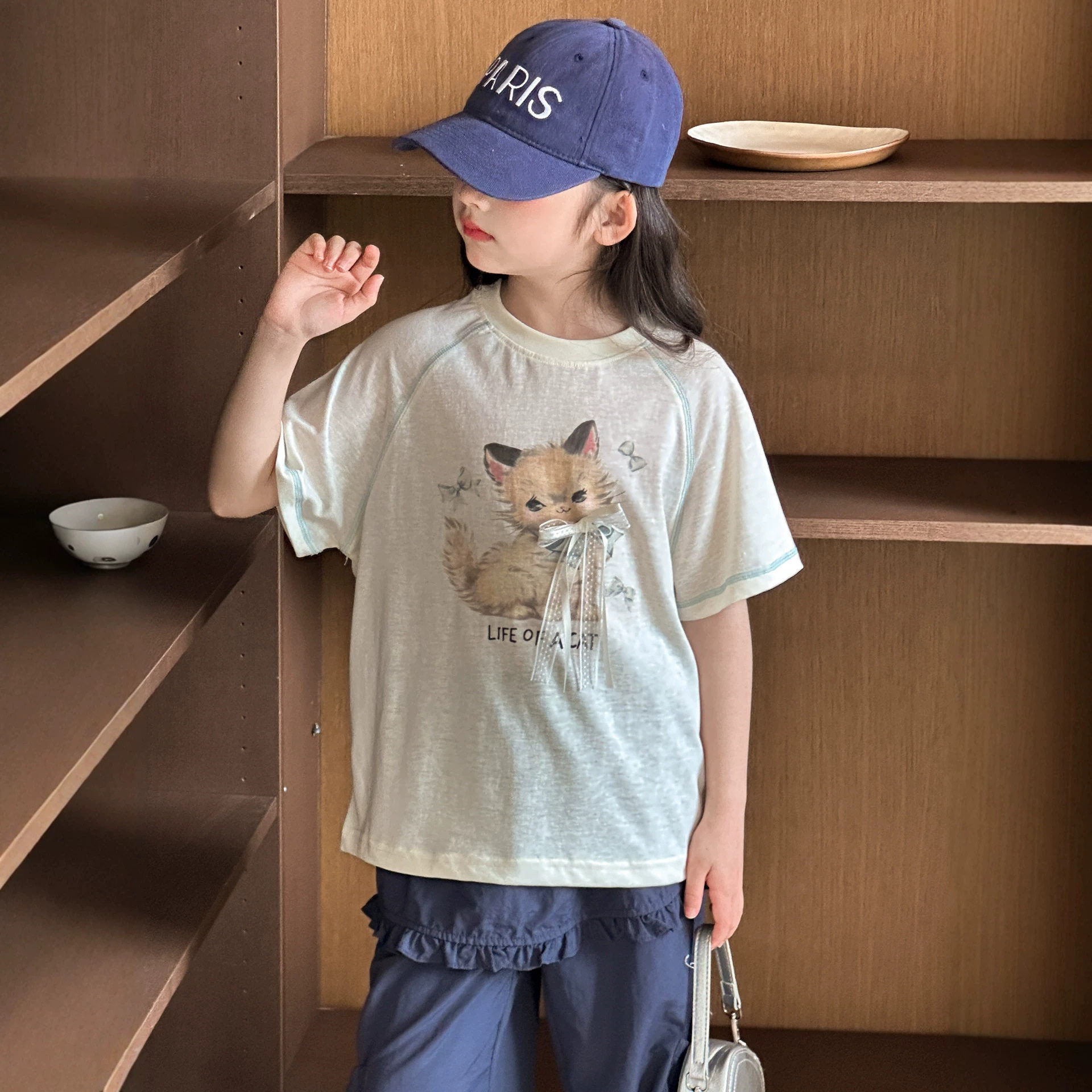 小红鱼女童短袖T恤夏装2026亲子夏季小猫咪印花上衣女孩宽松衣服