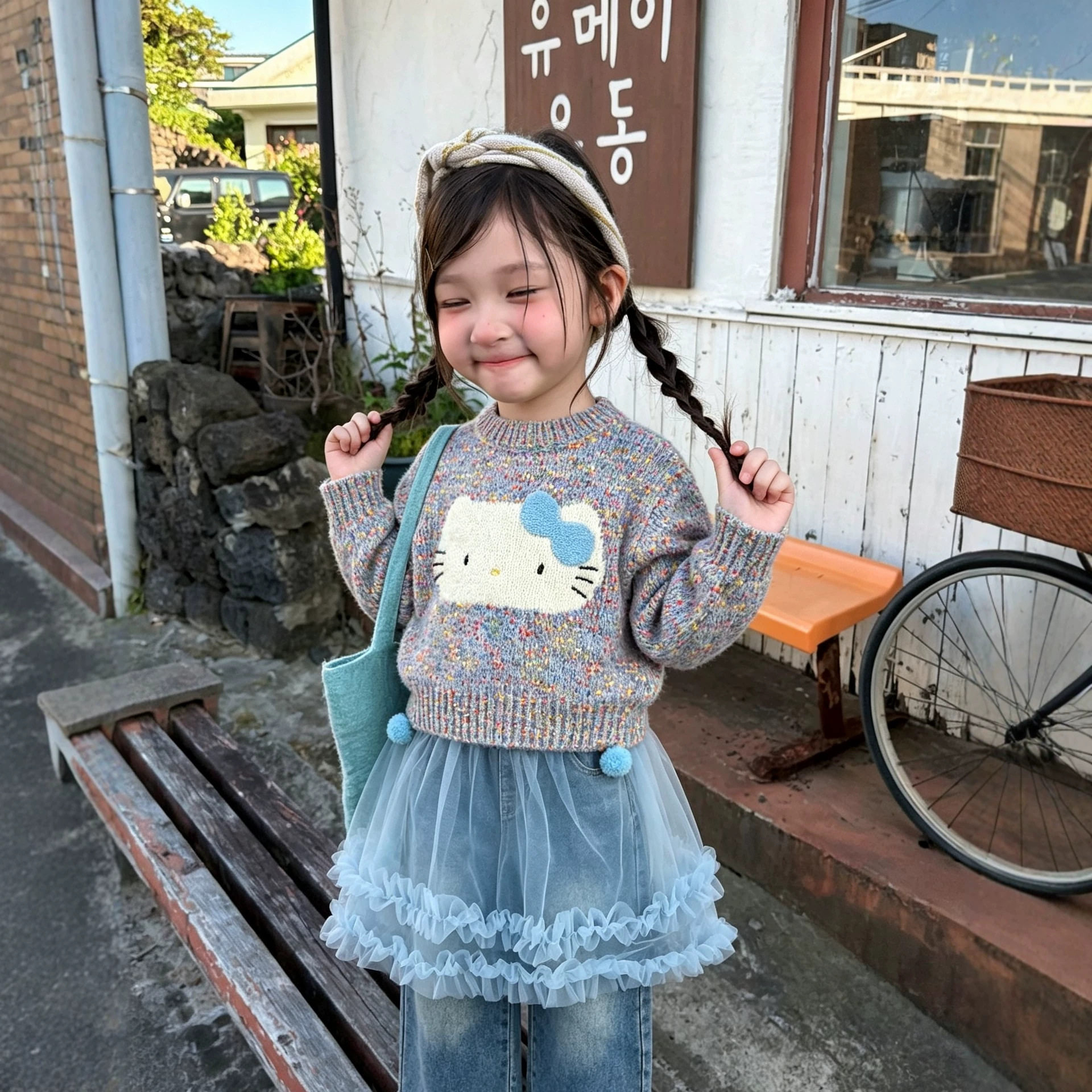 女童毛衣26秋冬新款儿童卡通针织衫女孩叠穿网纱屁帘牛仔裤套装潮