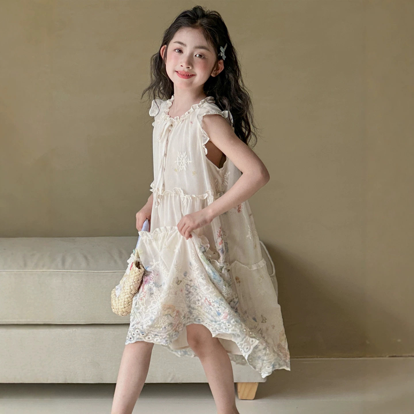 小红鱼女童重工刺绣背心裙夏装韩国童装亲子装夏季连衣裙儿童裙子