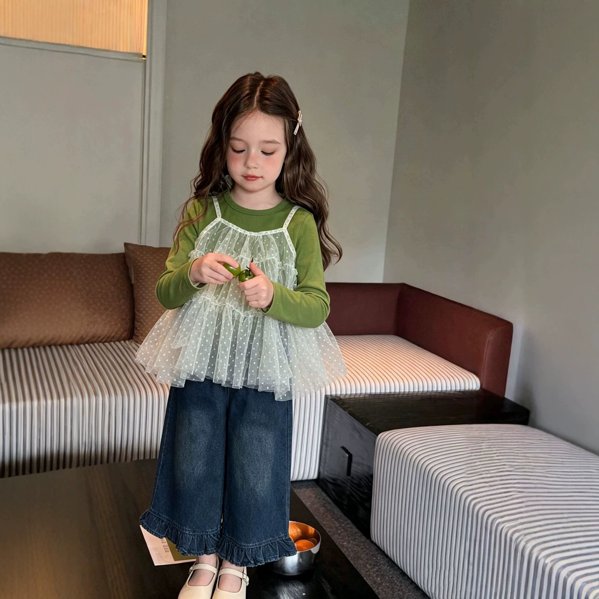 儿童波点网纱吊带叠穿打底衫套装秋款女孩上衣宝宝牛仔裤三件套潮