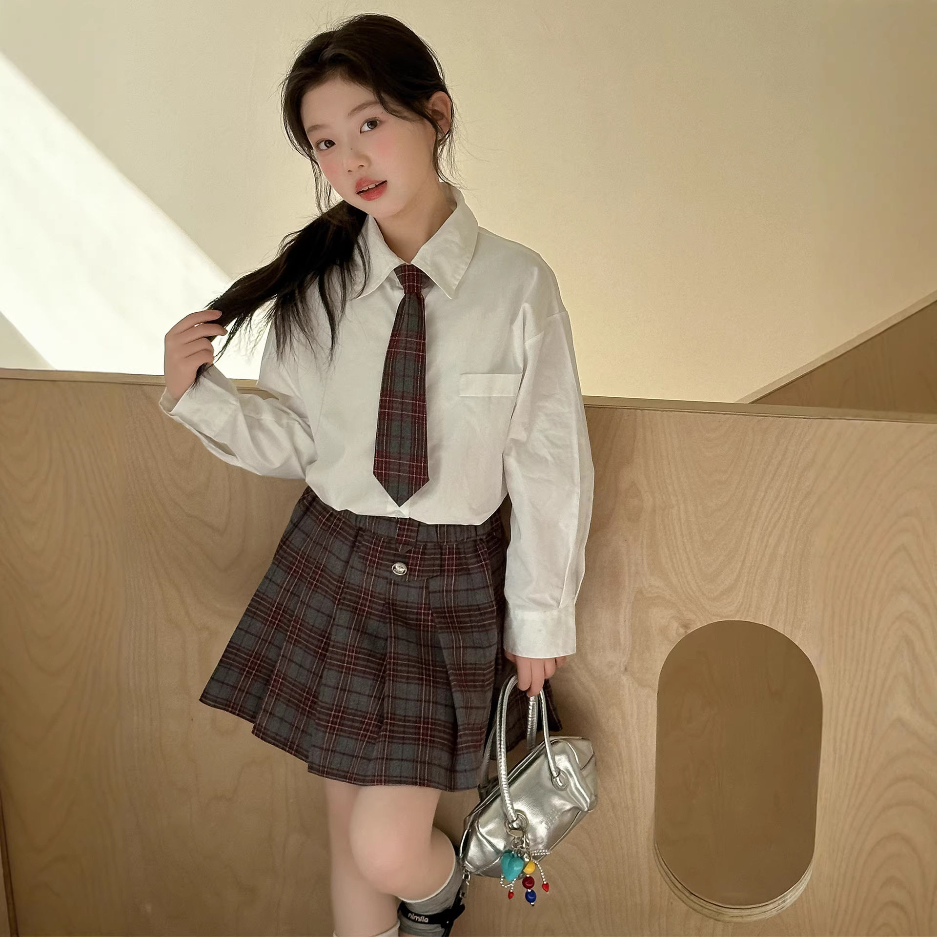 女童韩版童装2026春秋新款儿童套装学院风韩系衬衫格子半身百褶裙