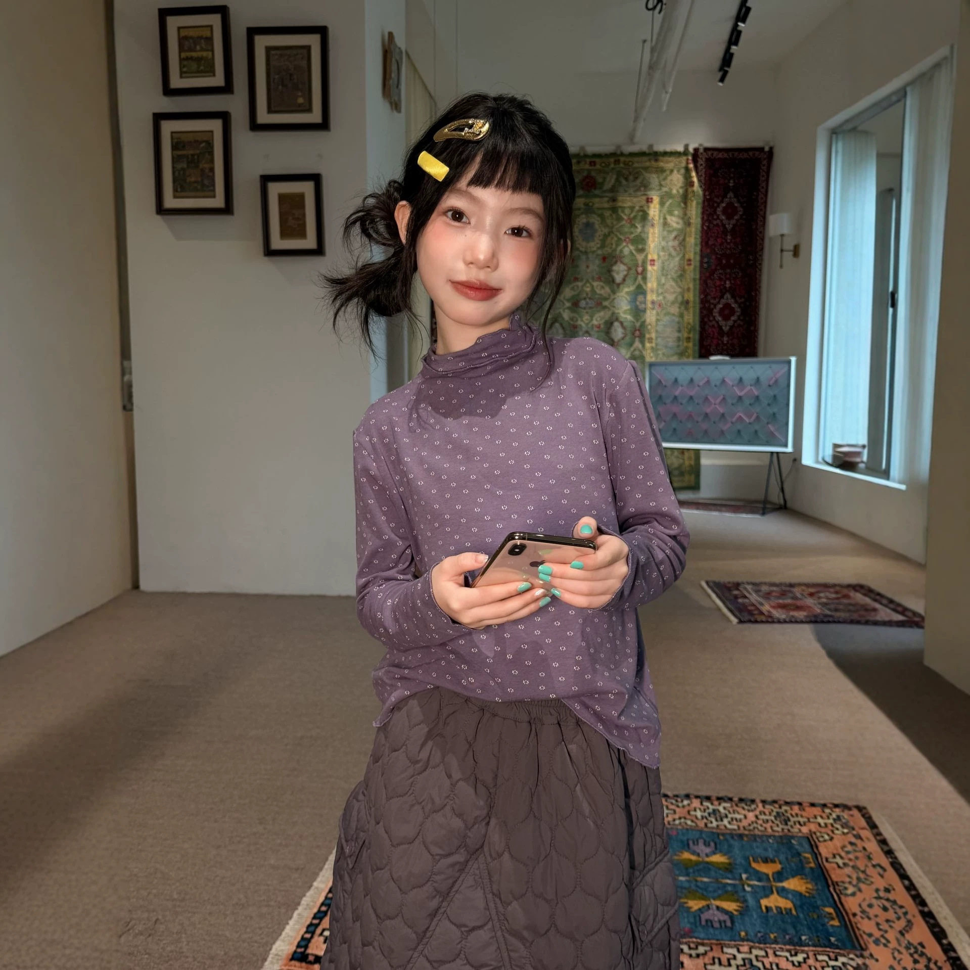 花与寻女童2026年冬款满印打底衫碎花堆堆领弹力修身儿童长袖内搭