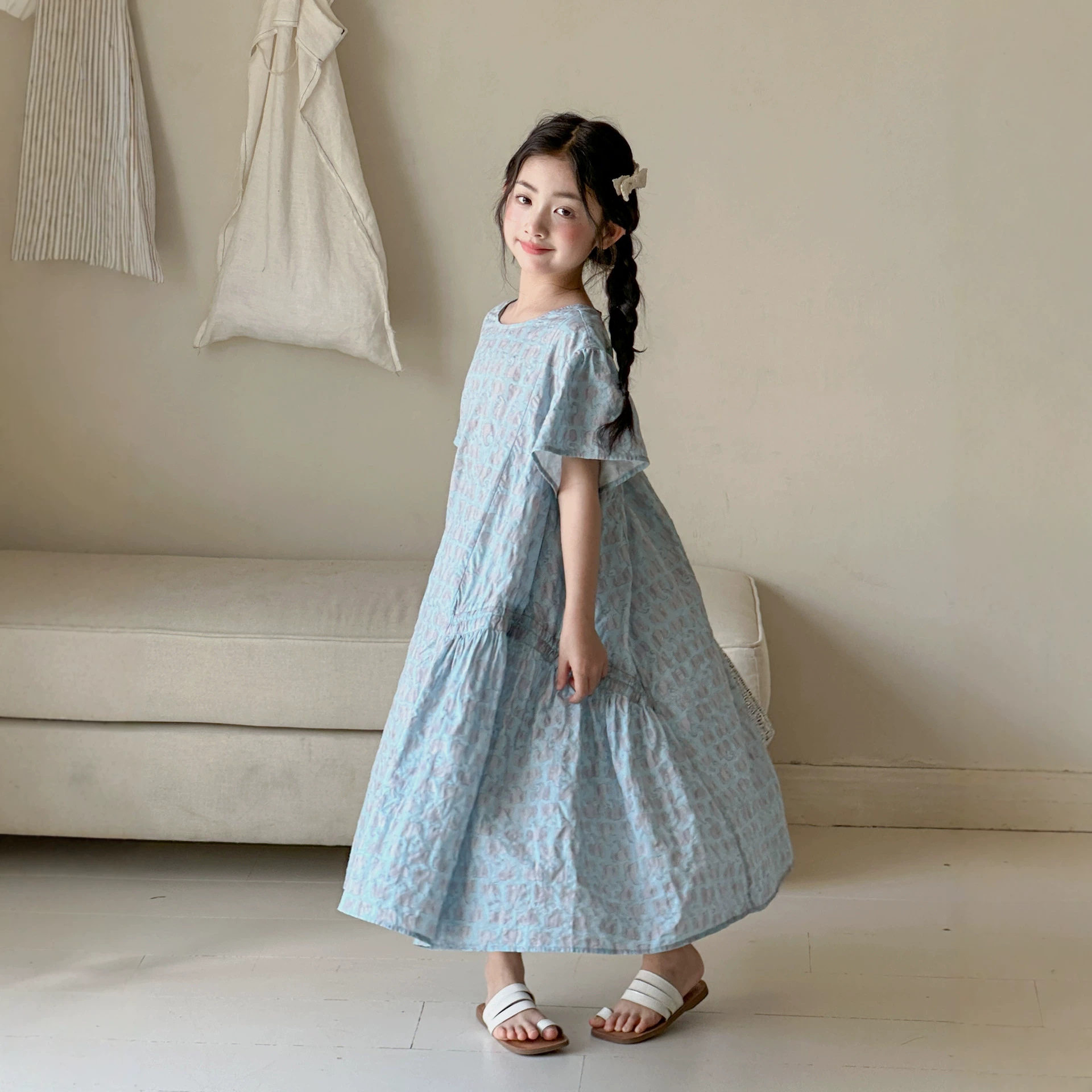 小红鱼女童满印连衣裙夏季薄款2026新款韩国童装亲子短袖公主裙子